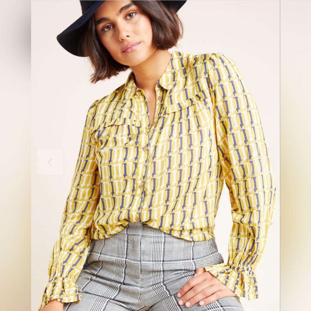 Anthropologie Maeve Dachsund Dog Print Buttondown Blouse Size 0  Weiner Dog
